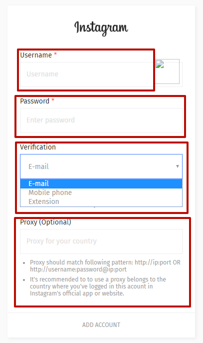 Enter the data of the Instagram account and proxy server. Press «ADD ACCOUNT»