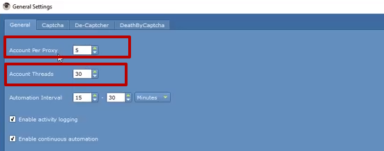 At the «Account Per Proxy» and «Account threads», we recommend typing in only 1