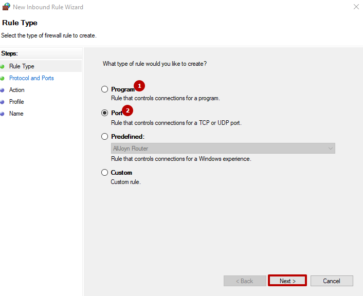 Open the port for the program separately (1) or open the computer access to it completely (2). Then press the «Next» button