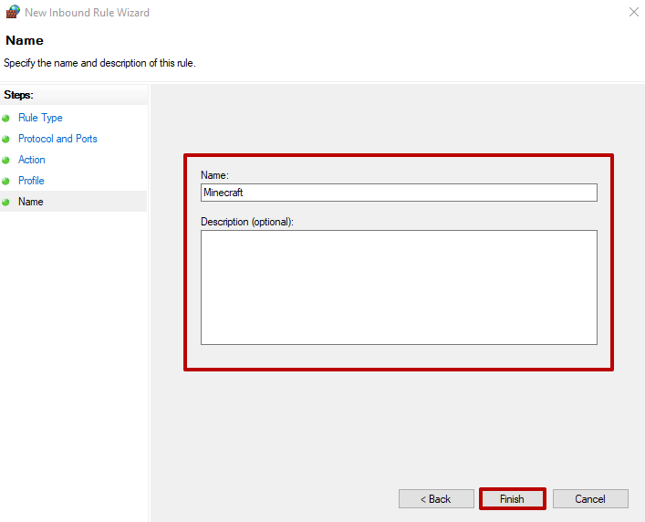 Enter the rule name and its description. To create the rule press the «Finish» button. The same actions could be done with UDP protocol