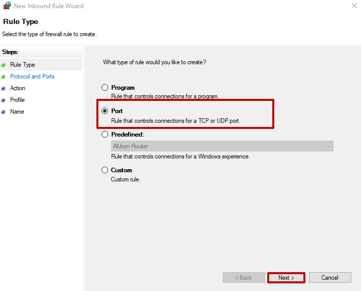Specify the rule for the «Port» and press the «Next» button