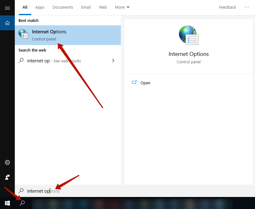 Go to the «Control Panel» menu, find the item «Internet Options». Open the search bar and type «Internet Options» and click on it
