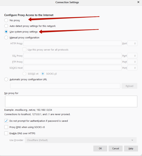 Select the option «No proxy» with a tic and select the option «Manual proxy service settings» or «Use system proxy settings»