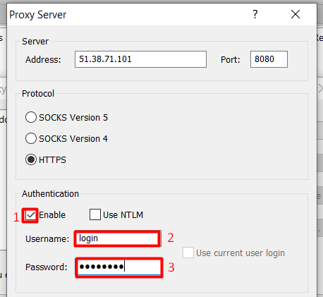 Put the mark in the «Enable» checkbox and enter the login, password to access the proxy