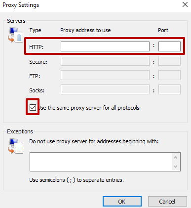 Enter the data again if it was not automatically entered and check the box «Use the same proxy server for all protocols»