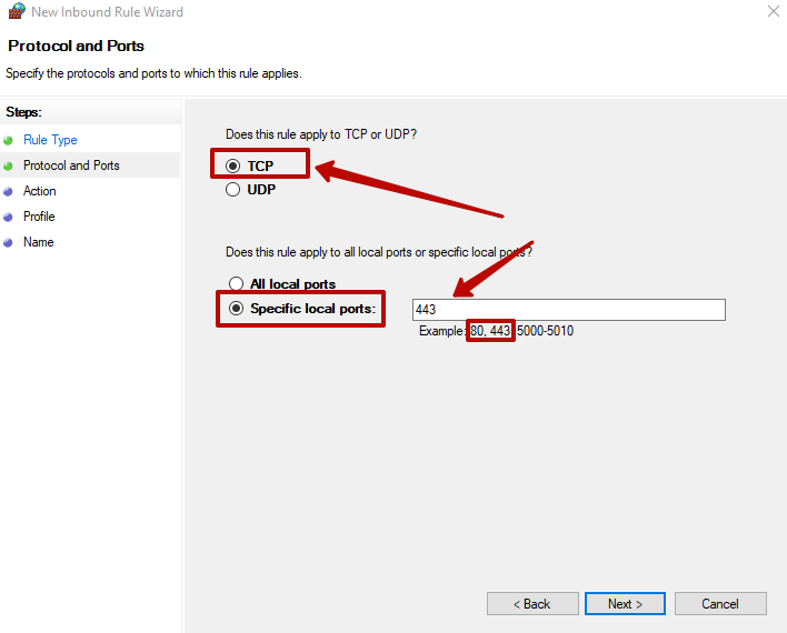 To open port 443 or configure port 80, you must select the desired protocol type and then enter the data. «Next»