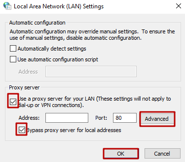 Uncheck the «Use a proxy server for your local network» and «Bypass proxy server for local addresses» boxes. Click «OK»