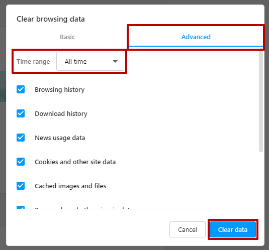 Click on the «Advanced» cleaning Tick all the checkboxes and choose from the Time range drop-down box «All time». Press the «Clear data» button.