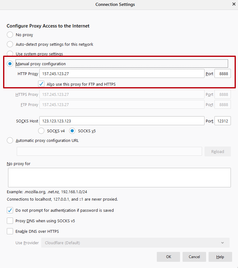 Click on the item «Manual proxy configuration» enter the IP address of the server you are using and the port