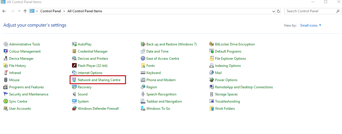 Select the «Network and Sharing Centre»