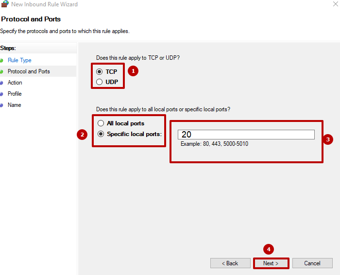 Open port 20, usually required in the FTP server for active mode, where it is configured by default