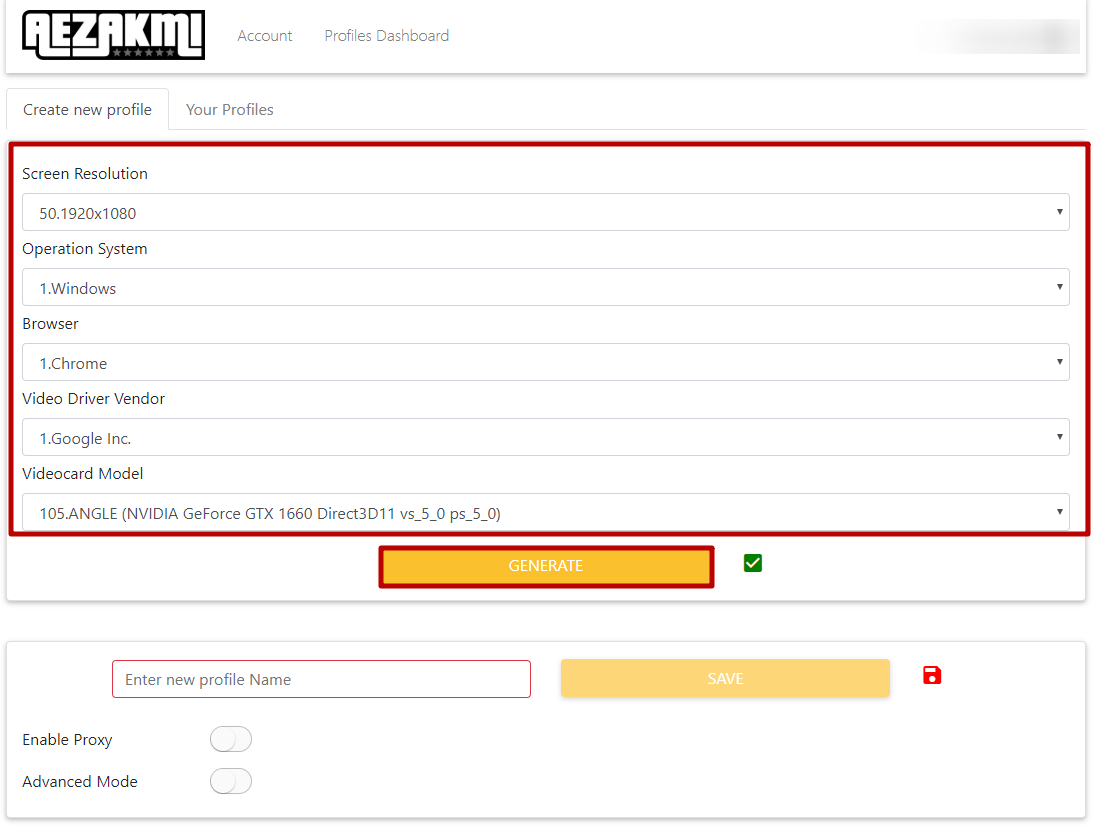 In the dashboard, you will be able to see the «Create new profile» section. Let’s configure it by your wish. Then, press the «GENERATE» button