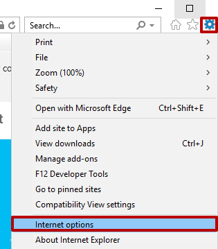 Click the «Gears» icon in the upper right corner and click the «Internet Options» button
