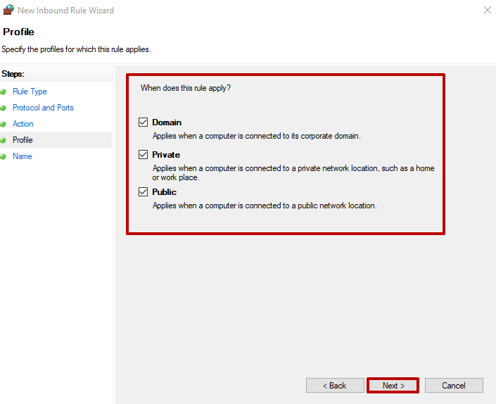 Choose the required profiles to this rule and press the «Next» button